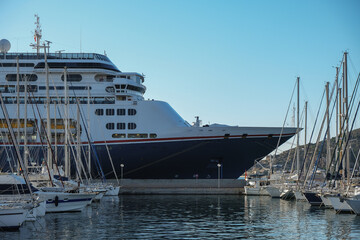 Classic luxury cruiseship cruise ship liner Borealis in port of Cartagena, Spain during summer Mediterranean cruising with blue sky