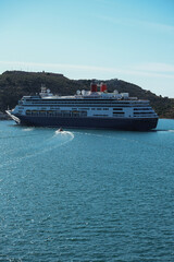 Classic luxury cruiseship cruise ship liner Borealis in port of Cartagena, Spain during summer Mediterranean cruising with blue sky