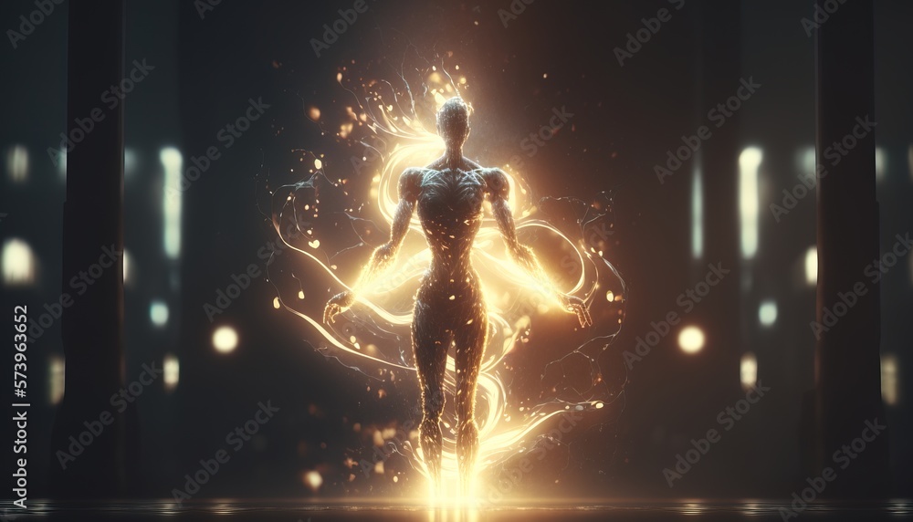 Aufkleber a person standing in a dark room with a light shining on them and a person standing in the middle of