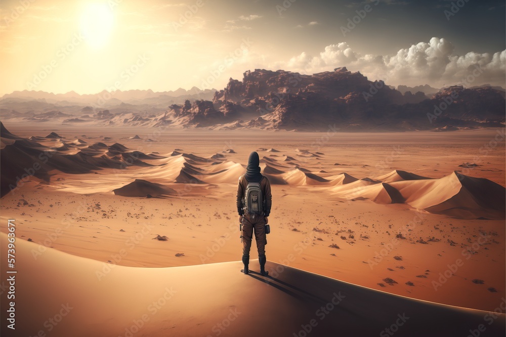 Poster a man standing in the desert with a desert landscape in the background and a mountain range in the d