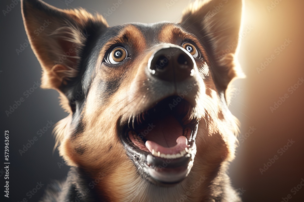 Poster a dog with its mouth open and it's tongue out and eyes wide open unreal highly rendered a 3d render 