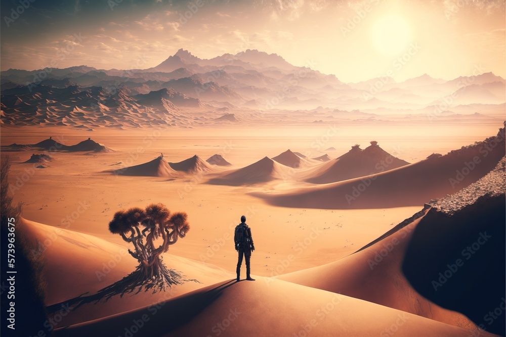 Poster a man standing on top of a desert under a tree in the distance with mountains in the background dese