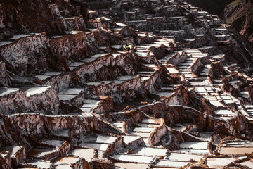Landscape of the salt terraces of Maras ( Salineras de Maras) in the Andes mountain range in the region of Cusco, Peru, Sacred Valley
