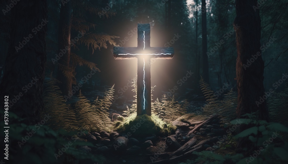 Poster a cross in the middle of a forest with a light shining on it's face rendered in unreal 5 a 3d render