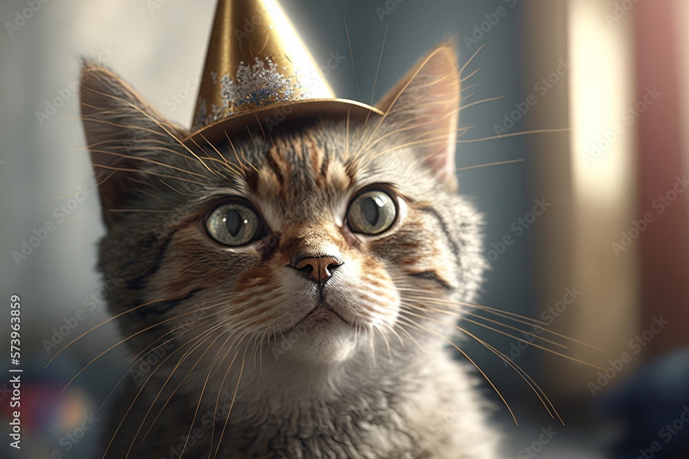 Poster a cat wearing a party hat with a surprised look on its face looking up unreal highly rendered a 3d r