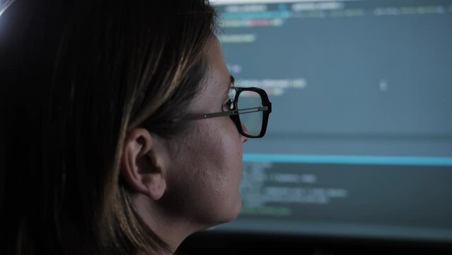 Engineer developing software app using laptop typing code on screen, programmers coding internet security system, designing artificial intelligence project.