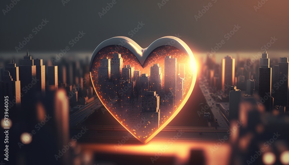 Poster a heart shaped object in a cityscape with a city in the background and a glowing light redshift rend