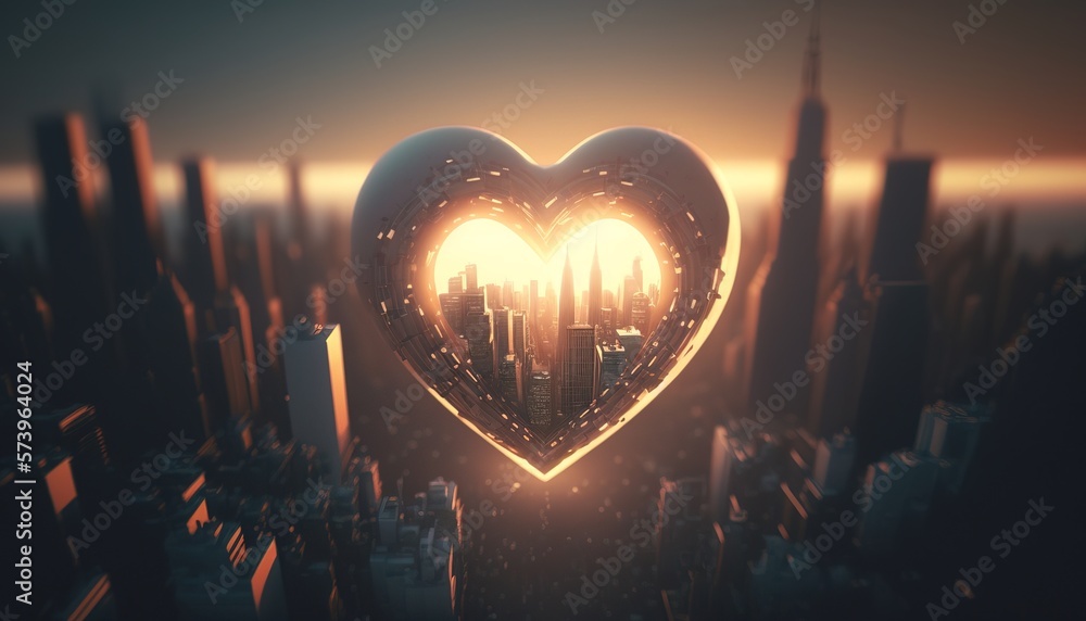 Aufkleber a heart shaped object in the middle of a city skyline at sunset or dawn with a glowing light redshif