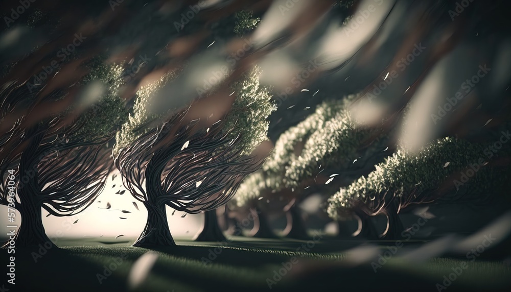 Poster a group of trees in a field with a sky background and a few birds flying around wind an ambient occl