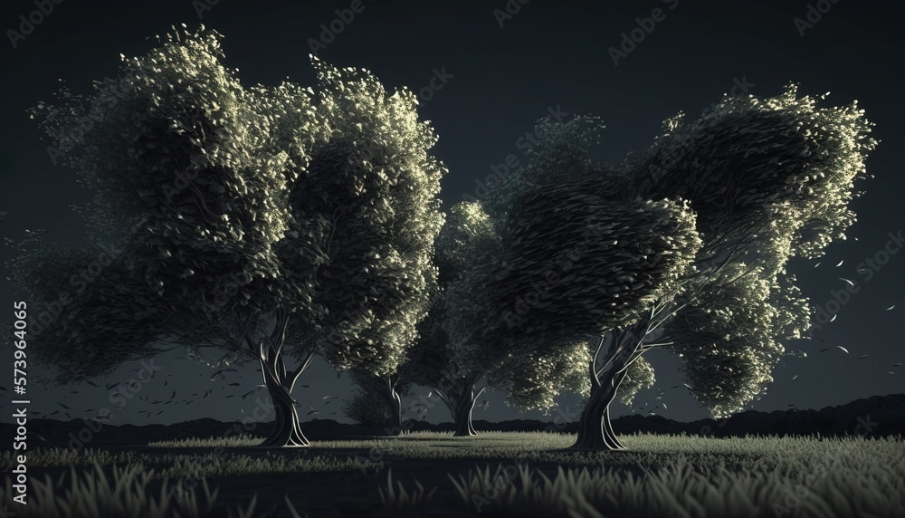 Poster a group of trees in a field with birds flying around them at night time with a black and white photo