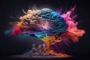 Concept art of a human brain exploding with knowledge and creativity with a lot of colorful powder and electricity. AI generative.