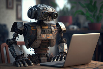 Robot and laptop. AI generative.