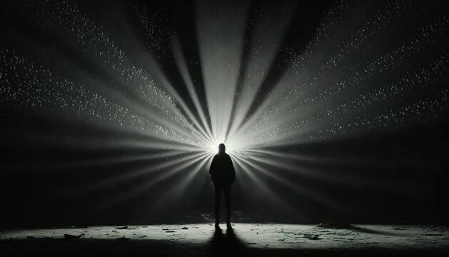 A person standing in the middle of a dark room with a light shining through it volumetric light a black and white photo video art