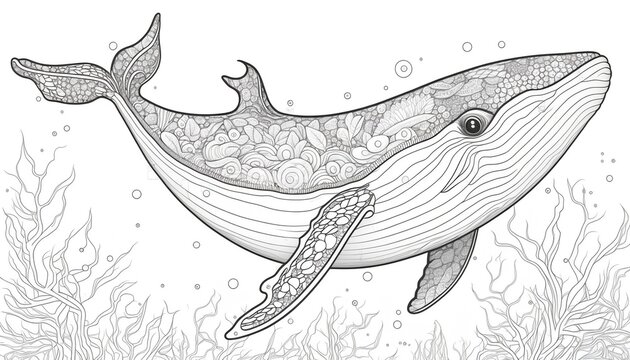 a cute coloring book for children that is still black and white, but waiting for colors and then it will become a wonderful colorful whale