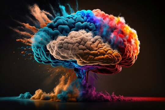 Concept art of a human brain exploding with knowledge and creativity with a lot of colorful powder. AI generative.