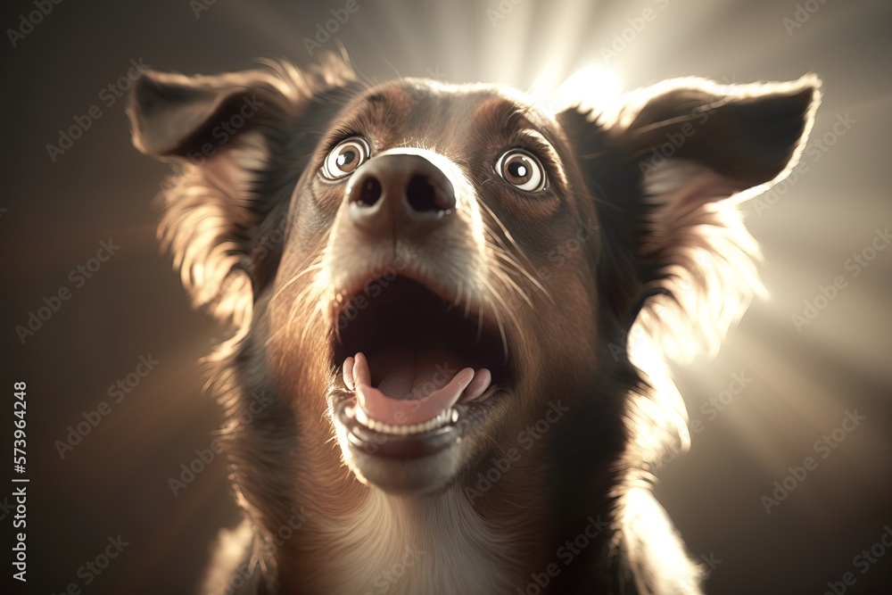 Poster a dog with its mouth open and its eyes wide open with a light shining through ultra realistic digita