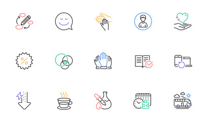 Approved documentation, Keywords and Hold heart line icons for website, printing. Collection of Bus travel, Euler diagram, Discount icons. Person, Puzzle time, Energy drops web elements. Vector