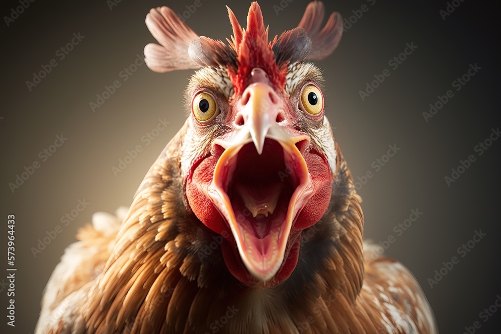 Poster a close up of a chicken with its mouth open and tongue out with a black background ultra realistic d