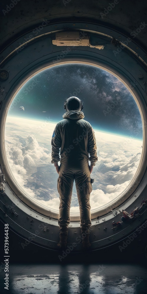 Poster a man in a space suit looking out of a window at the earth below and a view of the clouds space post