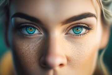 Human, blue healthy woman's eyes macro.