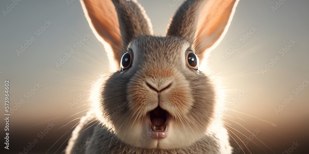 Poster a close up of a rabbit with its mouth open and eyes wide open and wide open cgstudio a photorealisti