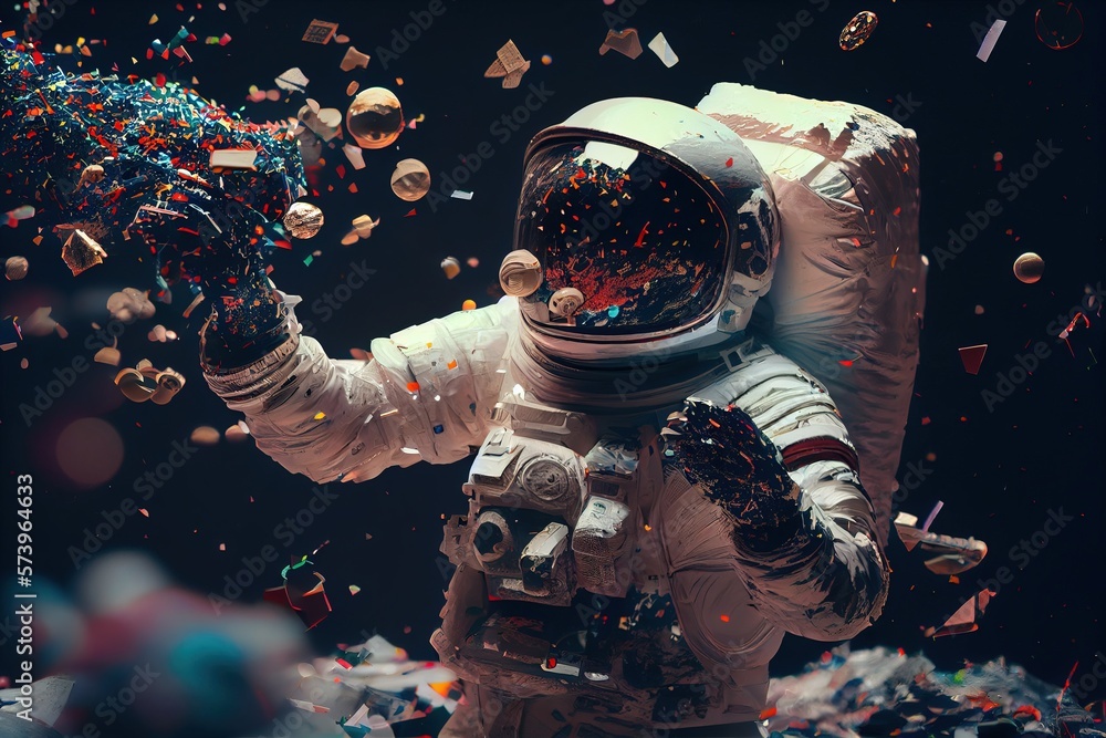 Poster a man in a space suit throwing confetti into the air with his hands redshift render an ambient occlu