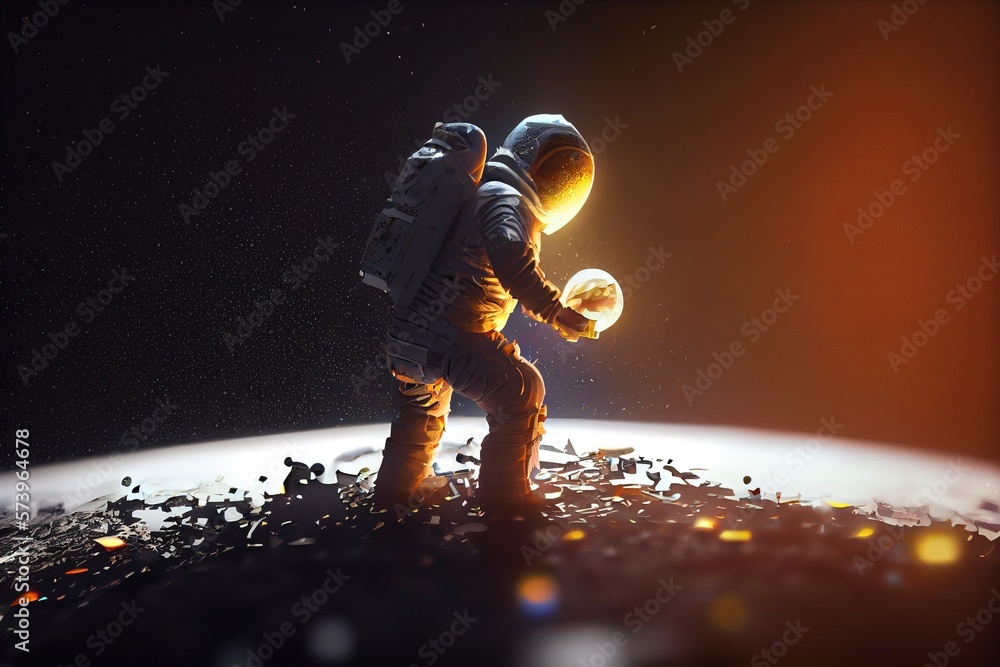 Poster an astronaut walking on a rocky surface in space with a glowing orb in the background redshift rende