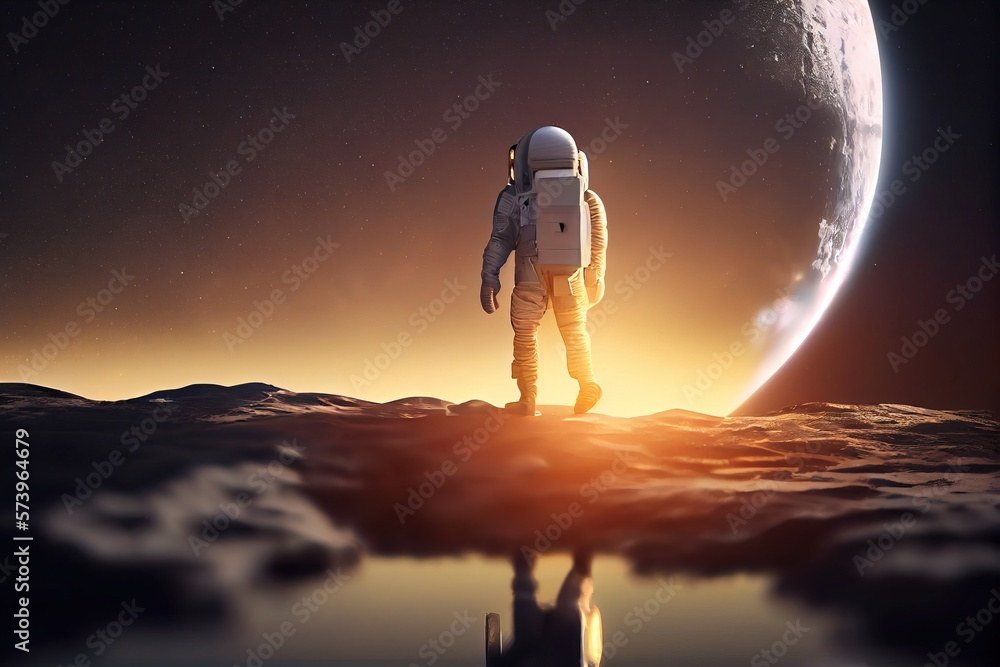 Poster a man in a space suit standing on a surface with a moon in the background redshift render a detailed