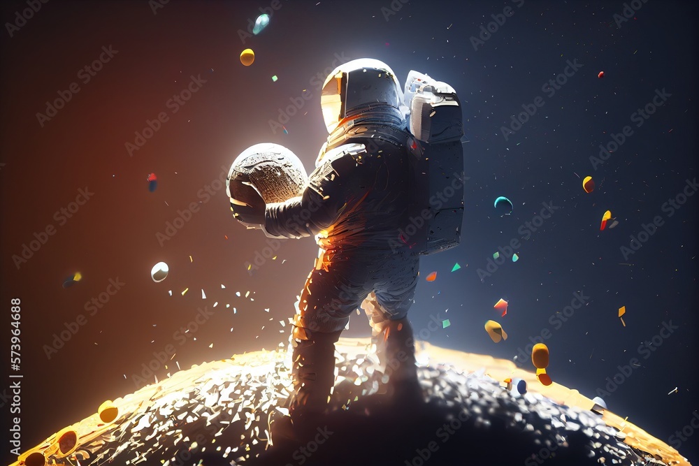 Poster a man in a space suit standing on a planet with a backpack and a ball redshift render an ambient occ