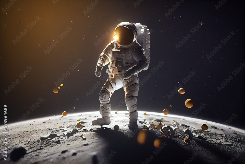 Poster an astronaut standing on the moon with a lot of objects around him in the background redshift render