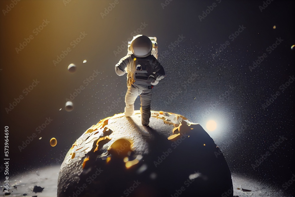 Poster an astronaut standing on a rock in space with a flashlight in his hand and a lot of bubbles around h