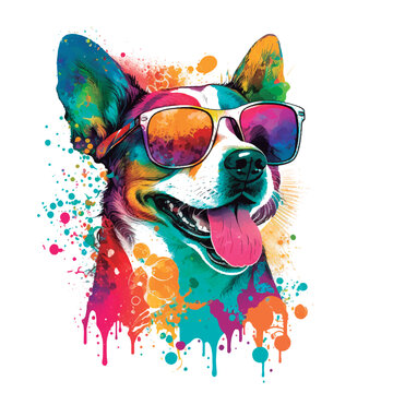 Cute happy dog wearing sunglasses. Artwork for t-shirt print.