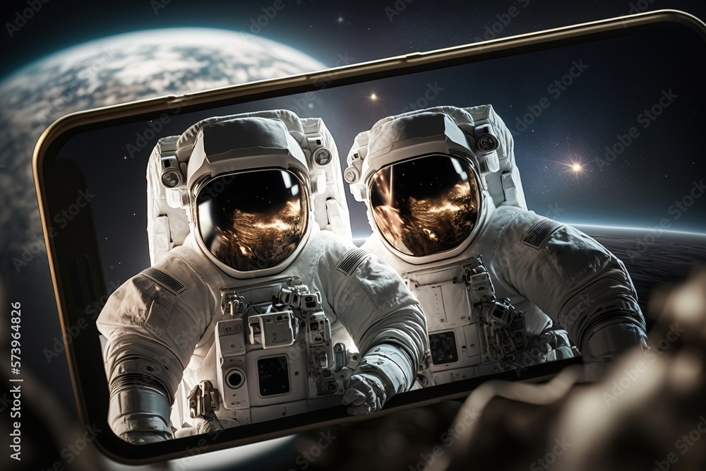 Poster two astronauts are reflected in a smartphone screen in space with a view of the earth in the backgro