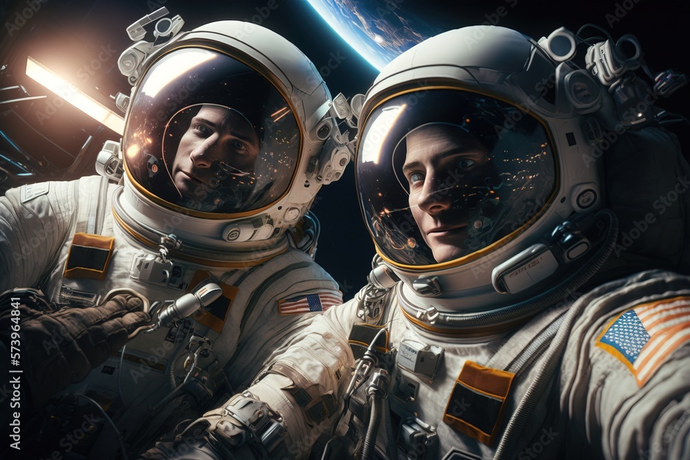 Poster two astronauts in space suits standing next to each other in front of a planet and a bright light vf