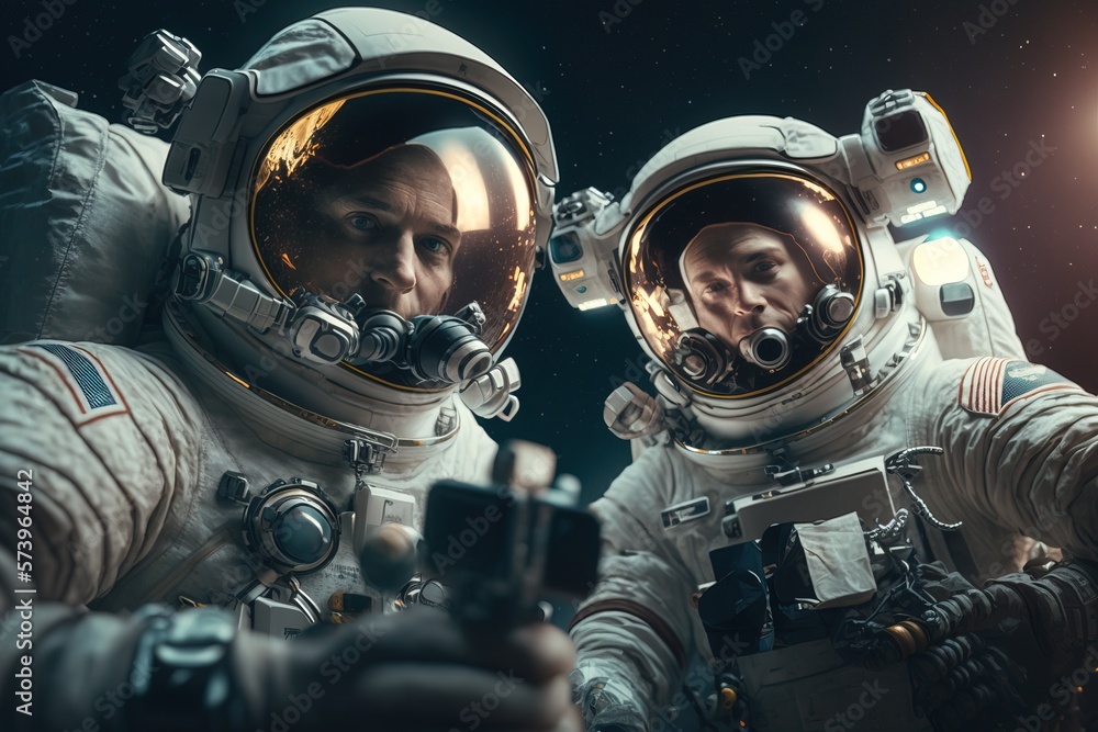 Poster two astronauts taking a selfie in space with a camera in their hands with a bright light in the back