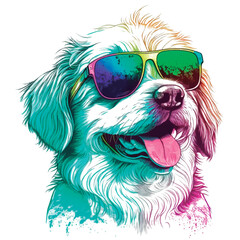 Cute happy dog wearing sunglasses. Artwork for t-shirt print.