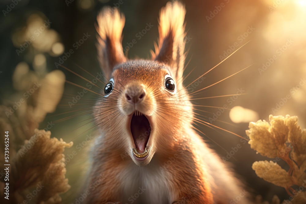 Poster a squirrel is screaming in the woods with its mouth open and it's mouth wide open cgstudio a 3d rend