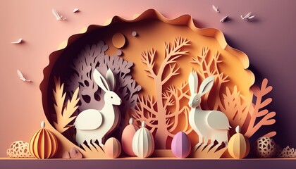 Easter Concept. Cute Paper Cut Art. AI generative.