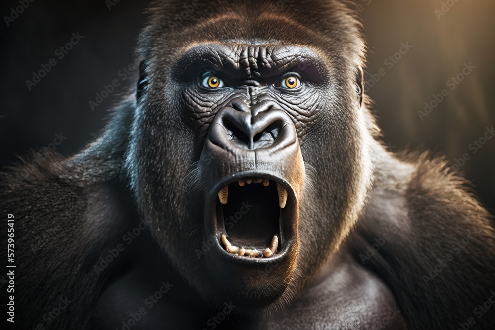 Poster a gorilla with its mouth open and it's mouth wide open with its mouth wide open angry a character po