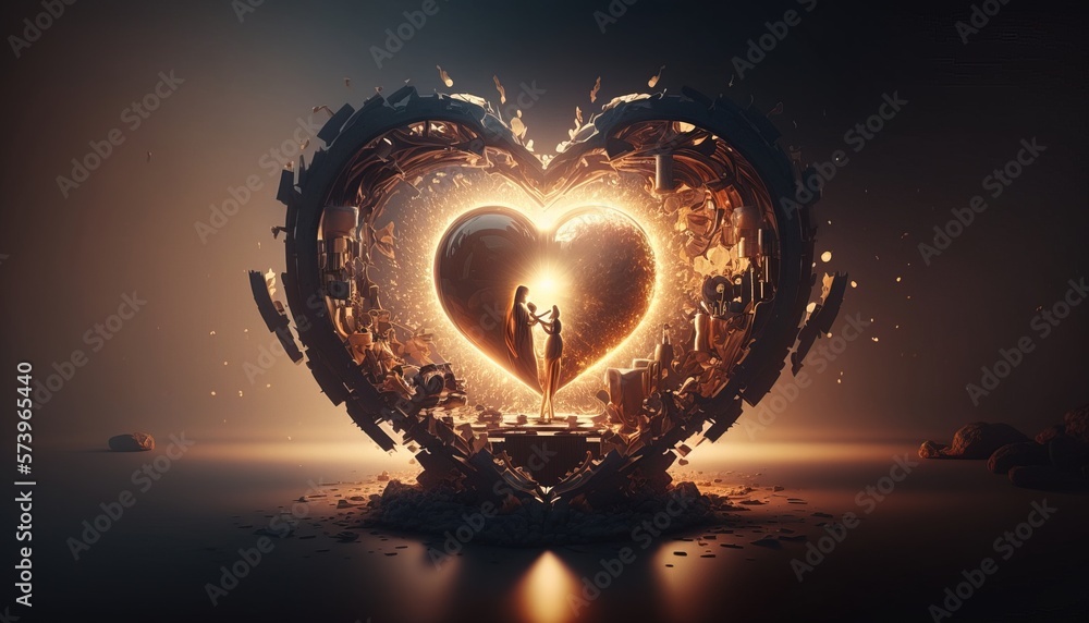 Poster a heart shaped object with a person standing inside of it on a dark background with a light highly d