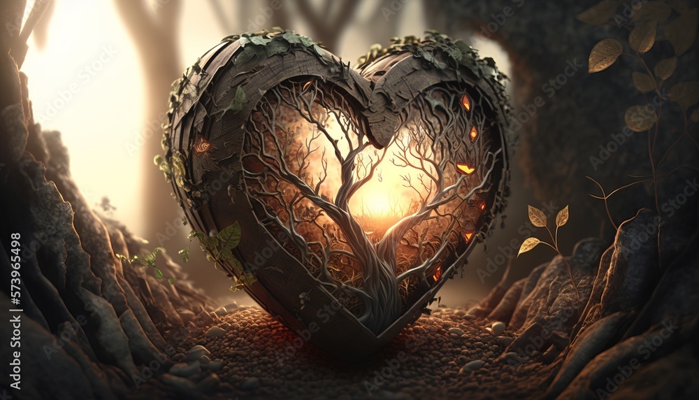 Poster a heart shaped tree with a light shining through it in a forest setting with leaves and branches fan