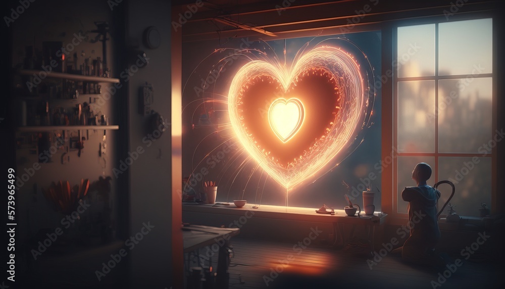 Aufkleber a heart shaped window with a person looking out the window at it and a light show cgstudio a 3d rend