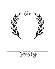 Obraz premium Hand lettering Family name monogram split monogram the family welcome home sign wedding floral ornament wreath border frame greeting card invitation