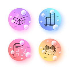 Hold box, Open box and Strategy minimal line icons. 3d spheres or balls buttons. Skyscraper buildings icons. For web, application, printing. Delivery parcel, Delivery package, Puzzle. Vector