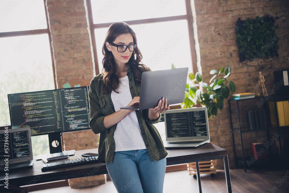 Poster photo of smart lady use modern device gadget netbook create application search bugs fix mistakes ind