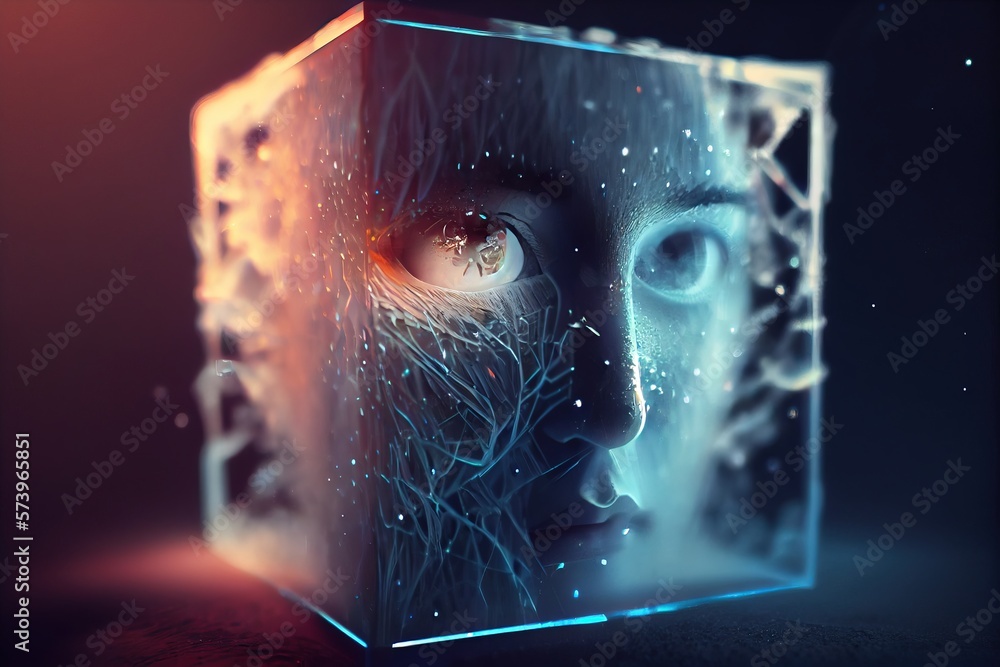 Poster a digital painting of a person's face in a box with a glowing background ultra realistic digital art