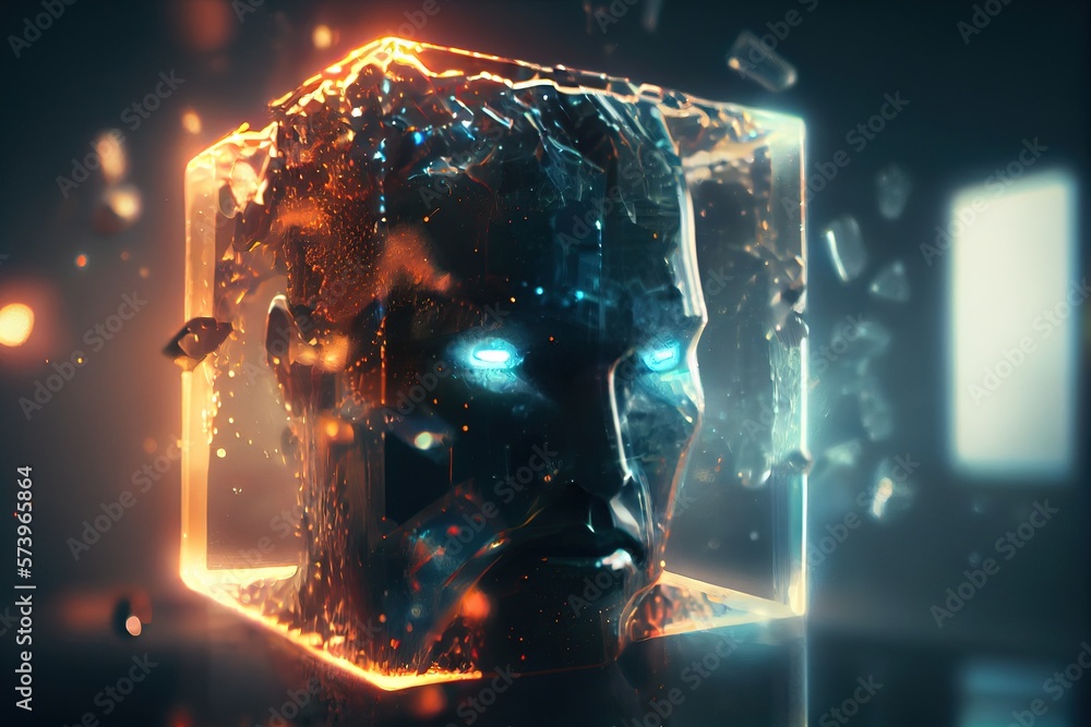 Poster a robot head with glowing eyes and a glowing face in a glass box with a window redshift render a 3d 