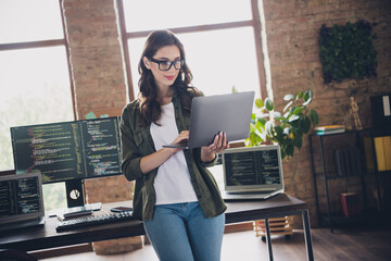 Photo of smart lady use modern device gadget netbook create application search bugs fix mistakes...