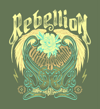 a vintage inspired design in Art Nouveau poster style  with wings and retro style wordings illustration to showcase the slogan Rebellion with a rhythm
