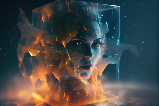 A Woman With A Fire Face And A Blue Background Is Shown In This Artistic Photo C4d A 3d Render Fantasy Art